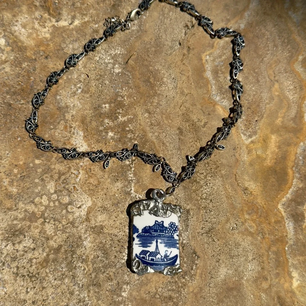 Churchill Willow China Artisan Silver Cabochon Pendant & VNTG Marcasite Necklace